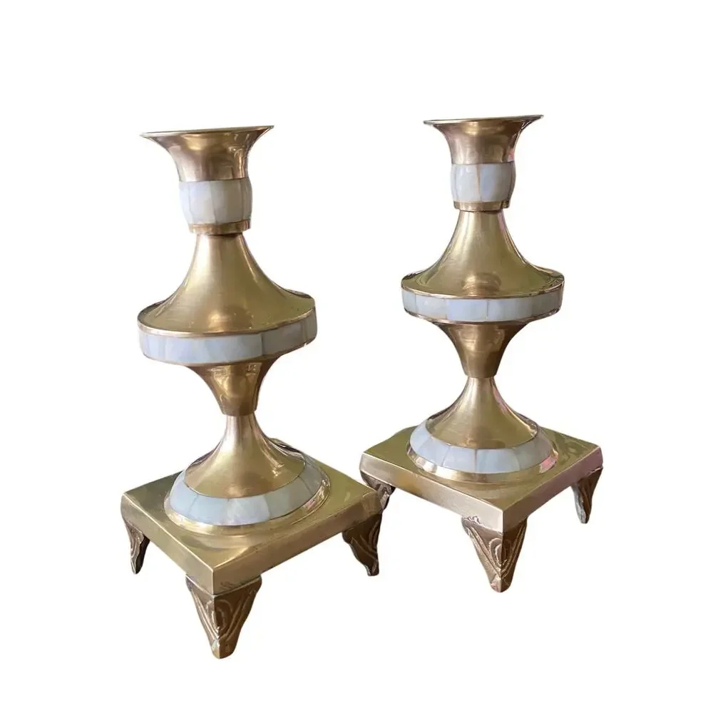 Set of TWO Heavy Brass Candlestick Holders Adorned with Mother of Pearl Shells